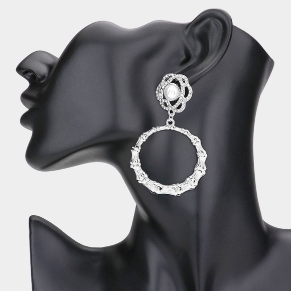 Silver Pearl Flower Rhinestone Bamboo Dangle Doorknocker Hoop Earrings Trendy - Picture 1 of 2